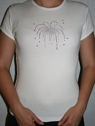White Short Sleeve Shirt with Fireworks Design in Red, Clear and Blue Swarovski Crystals and Silver Stars