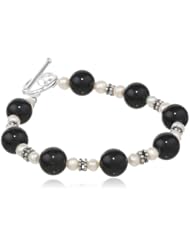 Sterling Silver Bali Bead, Onyx and Freshwater Cultured Pearl Toggle Bracelet, 7.5"