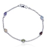 Rhodium Overlay Sterling Silver Multi-Gemstone Bracelet, 7.25"