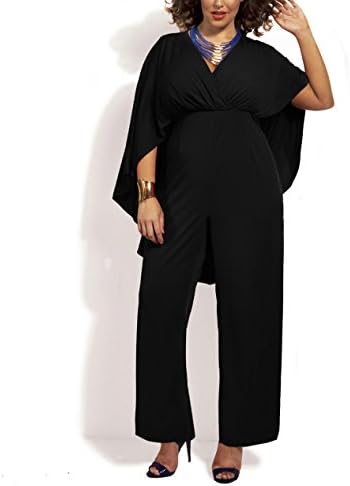Plus Size Women Chiffon Deep V Jumpsuit Club Sexy Cape Bodysuit Romper (xl, black)