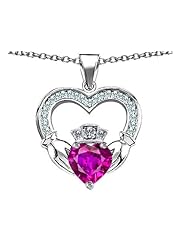 Celtic Love by Kelly (tm) Hands Holding 8mm Crown Heart Claddagh Pendant with Simulated Pink Sapphire in 925 Sterling Silver