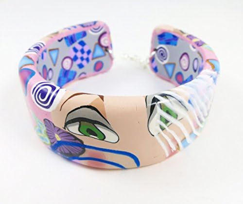 Multicolored Artisan-Made Polymer Clay Cuff Bracelet Lobster Clasp Adjustable Flexible Fits 6.5 - 7.5" Wrist Pink