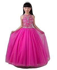 Girls Organza Beaded Sequined Crystals Jeweled Sheer Crystal Lace Floor Length Pageant Dress/Prom Dress/Party Dress/Wedding Dress 