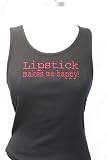 Embroidered Beater Style Tank Top "Lipstick Makes Me Happy" by 