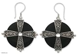 Bull horn earrings, 'Silver Cross' 1.5 W 2.2 L