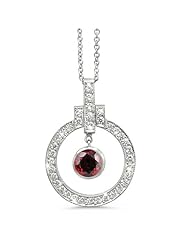 Elegant Bow Twin Circle Diamond Pendant In 18K White Gold With A 0.5 ct. Genuine Garnet Center Stone.