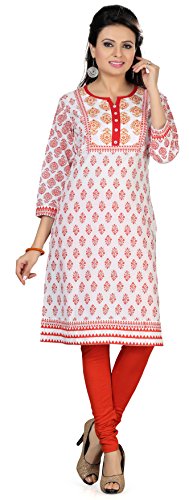 Long Tunic Top Womens Kurti Embroidered White Cotton Blouse Indian Clothes