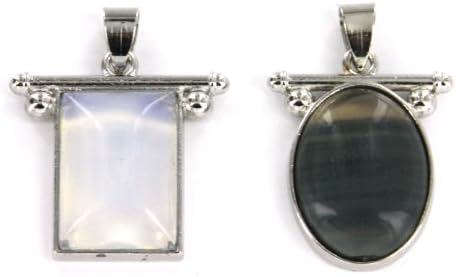 Semi Precious Stone Pendant Set in Oval and Rectangle Design - Opalite, Fluorite - Set of 2