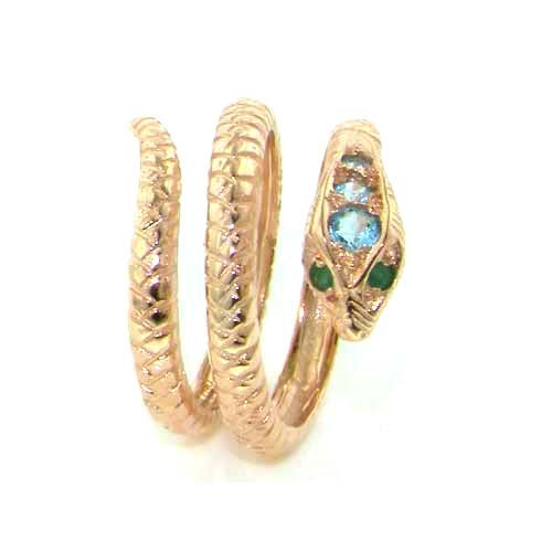 Fabulous Solid Rose Gold Natural Blue Topaz & Emerald Detailed Snake Ring - Finger Sizes 5 to 12 Available