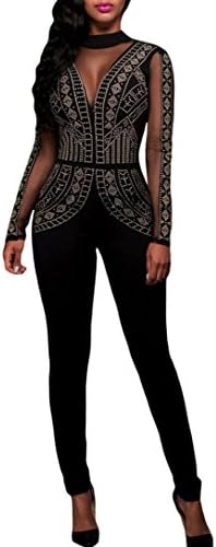 Women Sexy Long Sleeve Studded Mesh Backless Bodycon Club Jumpsuit Rompers Playsuit