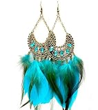 HOT X-Long Goldtone Filigree Turquoise Feather Earrings