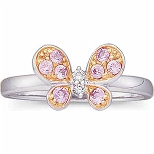 14Kt Two Tone Butterfly Pink Sapphire and Diamond Fashion Ring