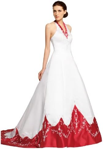 JSSHAN Women's Halter V-Neck Beaded Embroidery Satin Train Ball Gown Wedding Dress Size US4/UK8/EUR36 Color White
