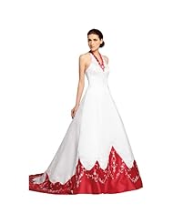 A-line V-neck  Polyester/Satin Full Length Beaded Halter Sleeveless  Ball Gown Wedding Dress  with a Cathedral Train 