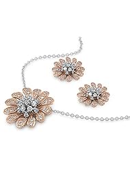 20mm SUNFLOWER Stone Rose Gold Tone Sterling Silver CZ Pendant/Chain/Earring COMBO Set (17 Inches, FINE ITALIAN .925 STERLING SILVER)