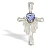 14K White Gold Genuine Heart Tanzanite and Diamond Cross Pendant