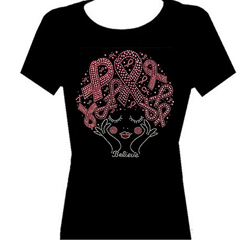 Rhinestone Breast Cancer Ribbon Believe Top Shirt Cure T Shirt. Size: S to 3xl