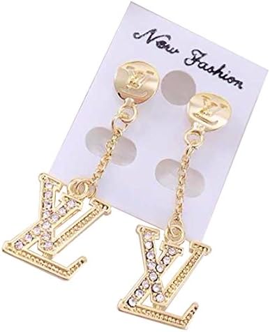 Yellow Gold Plate Stud Earrings and White Crystal Chain Hanging Down.