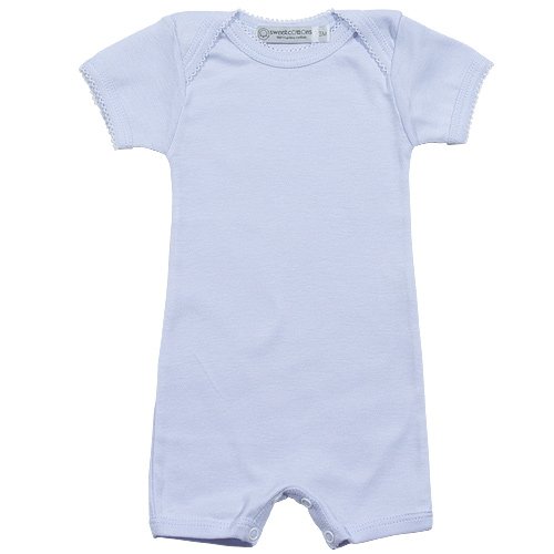 Romper, cross shoulder, short sleeve, with picot trim, 100% Pima cotton, softest ine the world !, 18 months, Blue / White picot trim