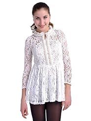 Lace  Floral Print Long Sleeves  Shirt  Dress With Pearls