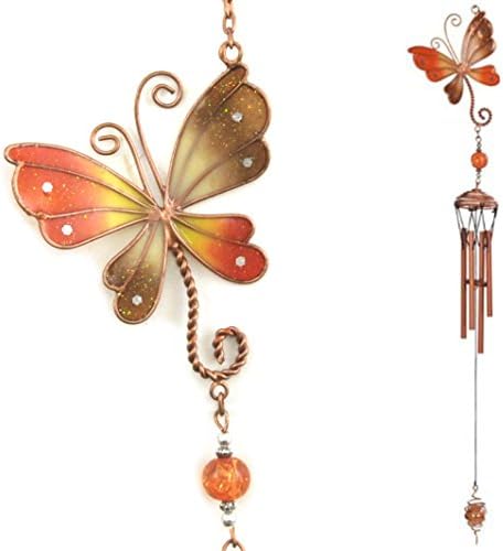 Small Colorful Stained Glass & Copper Windchime Wind Chime, Butterfly/Dragonfly, 22-inch, Garden Yard Decor