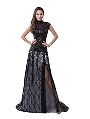 A-line Floor Length Lace Illusion Sequined Slit Dropped   Waistline High-Neck Prom Dress 
