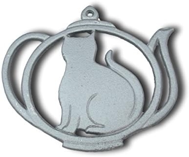 Black Cat with tea pot Metal Trivet - Cast Iron - 5.3 x 6.3 x 0.4 inch - rubber Foot for Kitchen or Dining Table