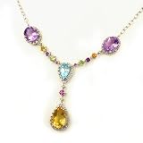 14K Amethyst, Citrine, Blue Topaz & Diamond Drop Necklace