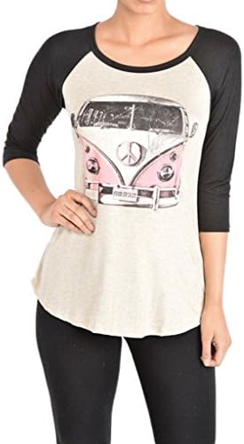 Lovely Souls Women's Volkswagen Bus Baseball Tee Charcoal Ivory L