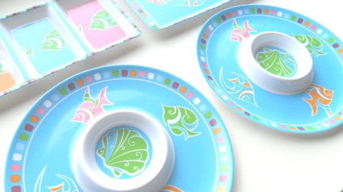 Melamine Plastic Serving Set with Trays & Chip and Dip with Beach Fish Water Design Set of 4