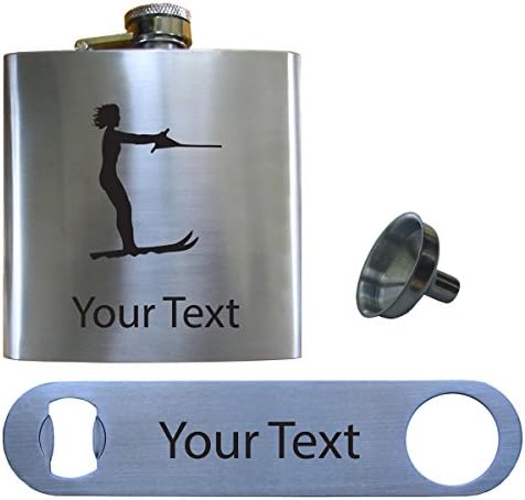 Personalized Engraved Female Water Skiing Sports 6 oz Stainless Steel Pocket Hip Drinking Flask with Stainless Steel Bottle Opener and Flask Funnel for Men and Women Perfect Customizable Holiday Gift or 21st Birthday Present! Contact Seller for Text Personalization or Leave a Gift Message at Checkout!