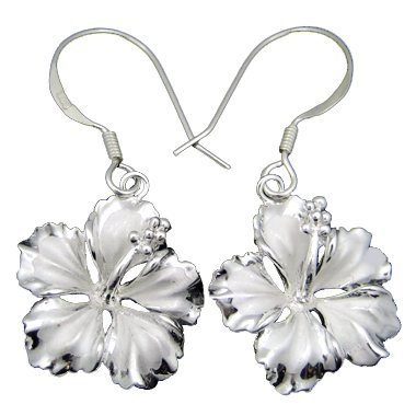 Rhodium Silver 16mm Hibiscus Dangle Earrings Hawaiian Jewelry