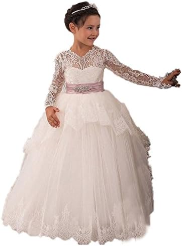 LuckyHouses Princess Tutu Tulle Pageant Party Gowns Long Flower Girl Dresses (7, White)