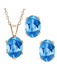 3.10 Ct Oval Swiss Blue Topaz Gold Plated Silver Pendant Earrings Set