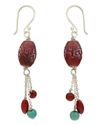 Sterling Silver Om Mani Mantra Drum Earrings with Coral & Turquoise