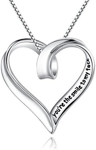 Forfamilyltd Sterling Silver Heart Necklace Inscription You're The Smile to My face and The Beat to My Heart, 18''