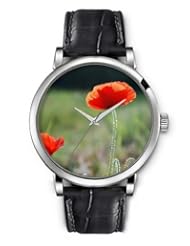SPRAWL Aanalog Fashion Series Silver Ladies Watches of Genuine Black Leather Strap,Unique Wrist Watch for Women Girls Designed with orange Flowers