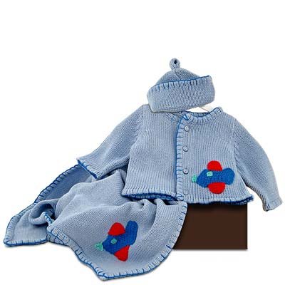 Blue Airplane Ensemble – New Baby Boy Knit Sweater, Blanket & Cap Gift Set – Great Shower or Christmas Holiday Gift Idea for Newborns