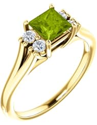 18K Yellow Gold 5.00x5.00mm Princess Cut Peridot and Diamond Ring -- LIFETIME WARRANTY