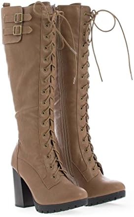 Sole Addiction Sasha-1 Knee High Lace Up chunky heel Boots, Taupe Pu size 7.5