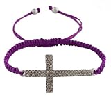 Purple Lace Style Silver Iced Out Sideways Cross Macrame Bracelet