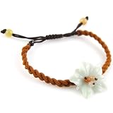 Irridecent White And Green Accent Jade Stone Flower And Beads - Copper Orange And Brown Braided Adjustable Bracelet
