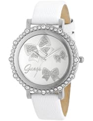GUESS Womens U0302L1 Bow Inspired White Genuine Leather Watch with Genuine Crystal Accents & Silver-Tone Case