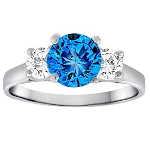 18K White Gold Round 3 Stone Blue Diamond and White Diamond Ring (1.30 cttw) - Size 6