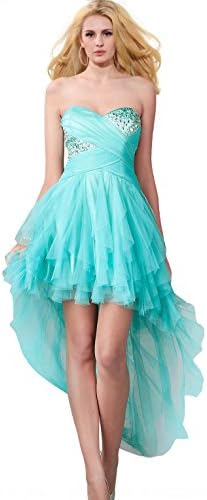 Super Cute Jewelled High Low Strapless Sweetheart Ruffled Prom Dress (6, Aqua)