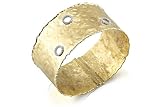 14K Yellow Gold Matte and Hammered-Finish Hand-Crafted Cuff Bracelet, Enhanced with White Gold Circle-Shaped Pave Set Diamonmds.