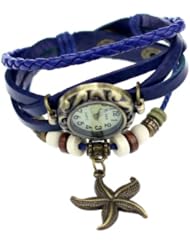 Jim 1PC Vintage Trial Order New Quartz Starfish Weave Wrap Around Leather Bracelet Lady Woman Wrist Watch Blue