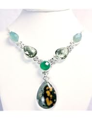 Sterling Silver Ocean Jasper, Blue Chalcedony, Green Amethyst and Onyx Y-shape Necklace