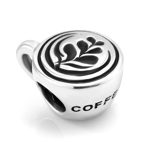 925 Sterling Silver Nice Coffee Cup with Rosetta (Heart Leaf) Latte art on Top Bead Charm