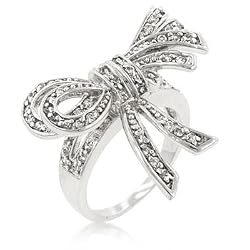 White Gold Rhodium Bonded Shoelace Ribbon Ring with Clear CZ Finish in Silvertone